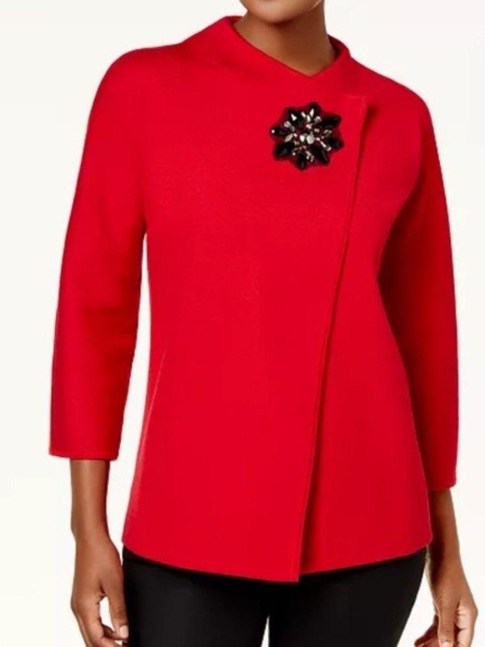 JM Collection Red Asymmetric Pea Coat with Decorative Brooch